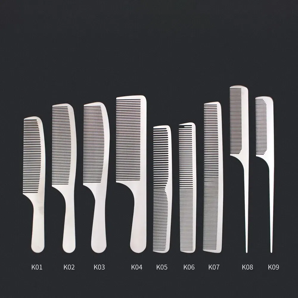 Color: Red - MJ Stainless Steel Cutting Metal Tail Combs Silver Fine Cutting Comb Set Hairdressing Steel Rat Tail Comb
