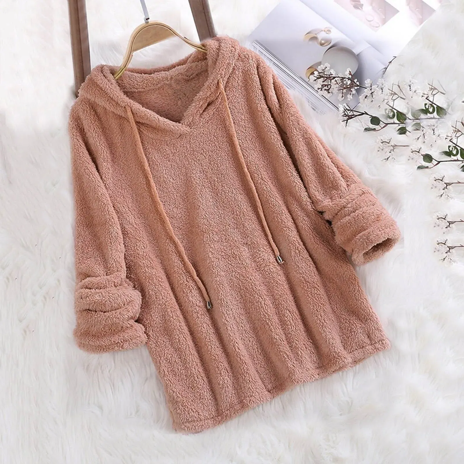 Color: WHITE, Size: M, Ships From: CN - Women's Winter Casual Solid Color Plush Hooded Long Sleeve Pullover Thick Warm Fluffy Sweatshirts Blouse Oversized Loose Tops
