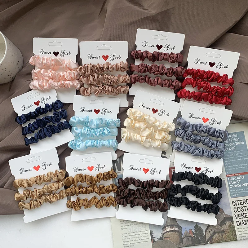 Color: Silver - Free Shipping 3PCS/Set Satin Silky Scrunchies Hair Rope Luxury Solid Color Elastic Hair Bands Women Hair Accessories Headwear