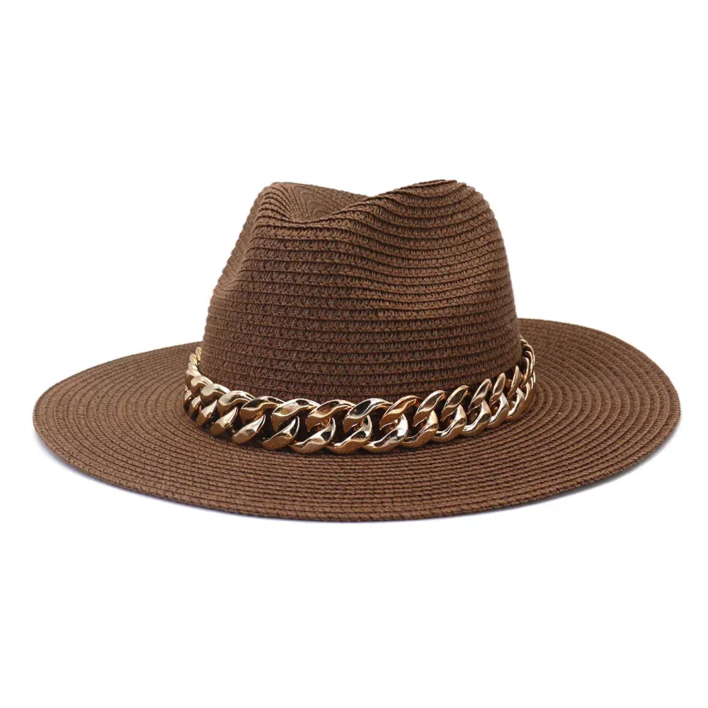 Color: Brown, Size: L - Fashion Gold Chain Belt Panama Straw Hats For Women Summer Breathable Beach Sun Hats Elegant Ladies Party Jazz Hat