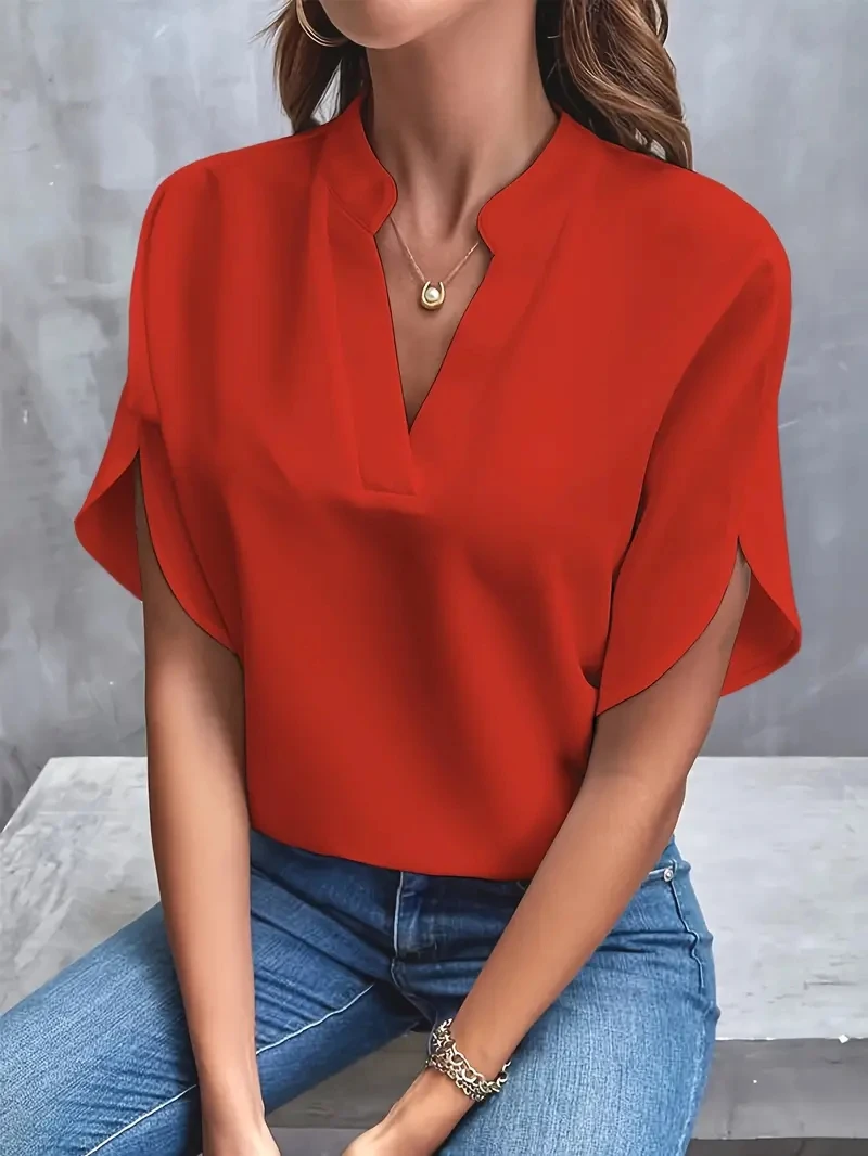 Color: WHITE, Size: S - Women Elegant Solid Chiffon Blouse Spring Summer Casual Long Sleeve V Neck Loose Shirt Office Lady Tunics Oversized Tops 2024
