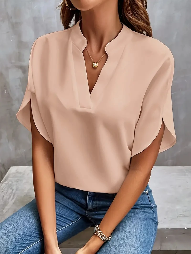 Color: WHITE, Size: S - Women Elegant Solid Chiffon Blouse Spring Summer Casual Long Sleeve V Neck Loose Shirt Office Lady Tunics Oversized Tops 2024