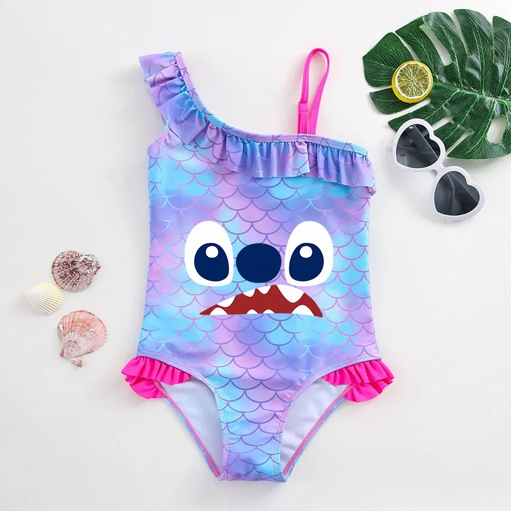 Color: SKY BLUE, Size: XL - Stitch Girls Swimsuit Fashion Mermaid Fish Scale One-Piece Bathing Suits Children's Dresses Summer Swimwear Beach Suit Kids Wear
