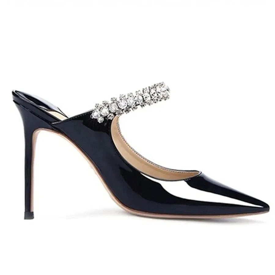 Color: Silver, Shoe Size: 38, Ships From: CHINA - Elegant Leather Mules Pointed Toe Stylish Rhinestone Embellished High Heel Sandals Sophisticated Party Evening Shoes Footwear