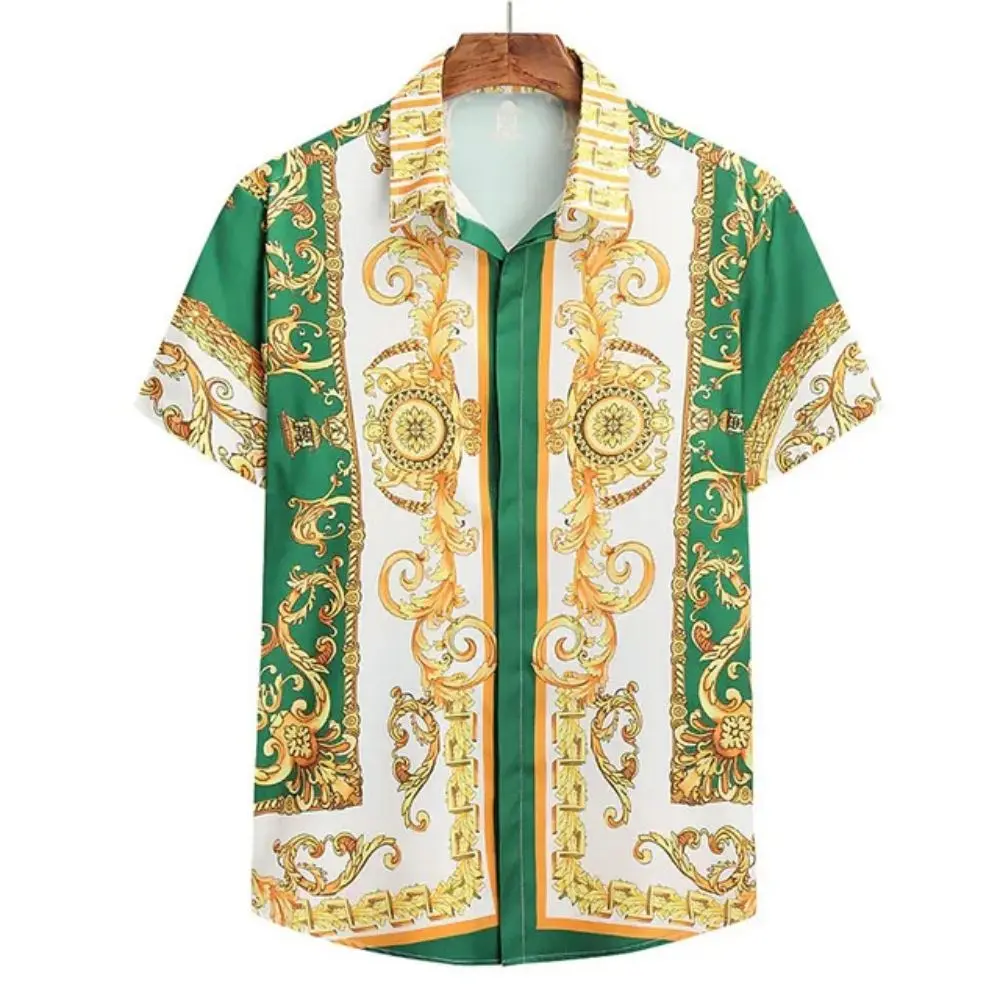 Color: Brown, Size: XL - Summer Fashion Men's Short Sleeve Casual Shirts Luxury Style Gold Printed Tops Everyday Casual Wear Men's Shirts Oversized Tops