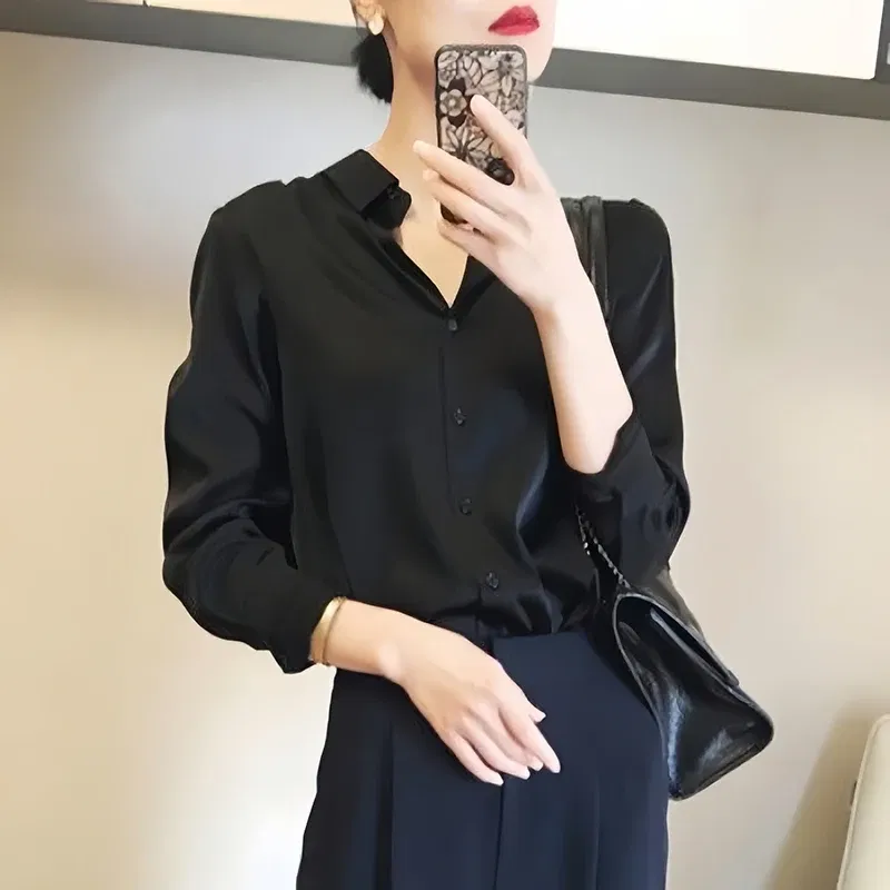 Color: black, Size: S - All-match Satin Finish Shirts And Blouses Women Clothing Casual Top OL Long Sleeve Button Elegant Shirts French Solid Blouses