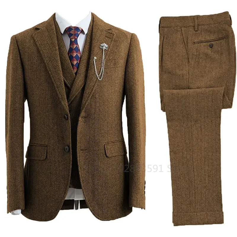 Color: Champagne, Size: XXL - 3 Piece Men Suit Tweed Herringbone Double-Breasted Wedding Tuxedos Size Men Clothing Casual Style Men's Fashion Costume Homme
