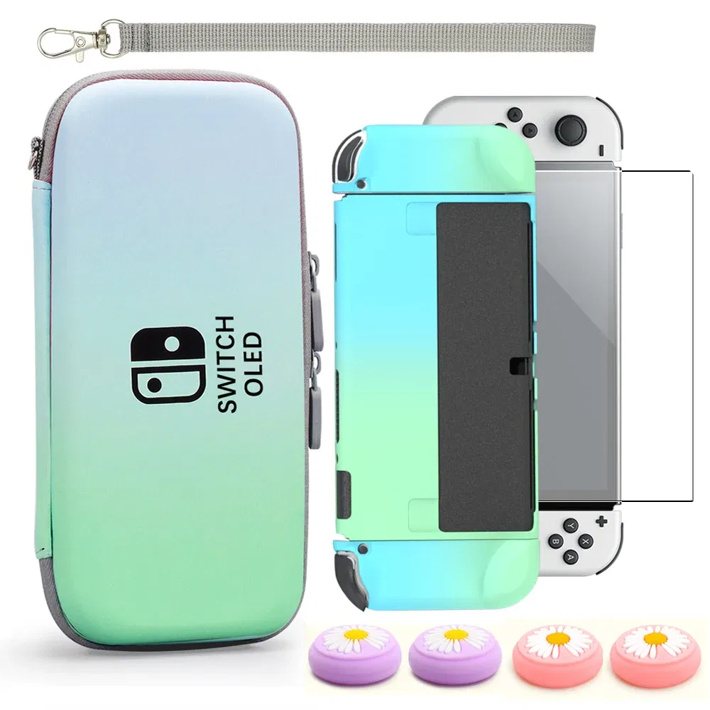 Color: green - Case Kit For Nintend Switch OLED Console Carrying Case Protective Pouch Hard Shell Clear Cover For Switch Oled WIth Film Glass