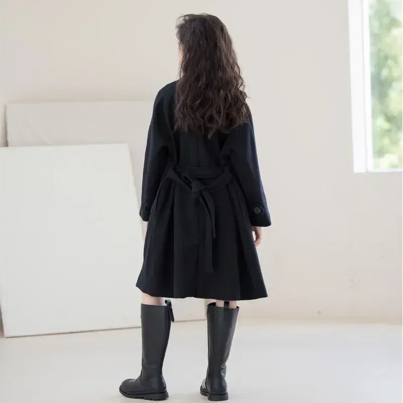 Color: Blue, Kid Size: 2T - Winter Girls Wool Coat Long Double-faced Tweed Overcoat for Kids Fashion Casual Grey 10 12 14 Years Teenage Children Outerwear