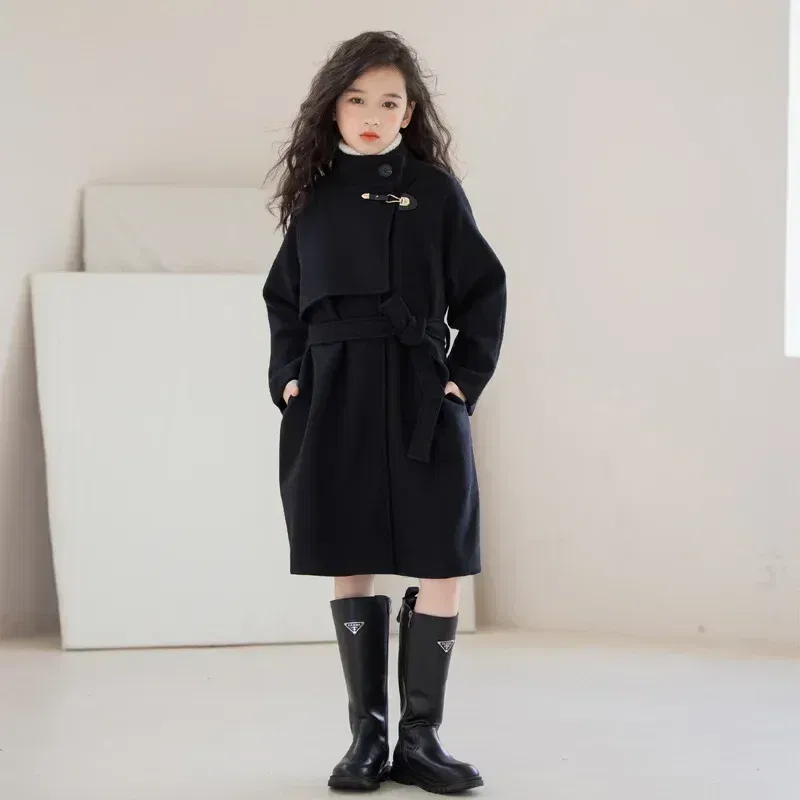 Color: Blue, Kid Size: 2T - Winter Girls Wool Coat Long Double-faced Tweed Overcoat for Kids Fashion Casual Grey 10 12 14 Years Teenage Children Outerwear