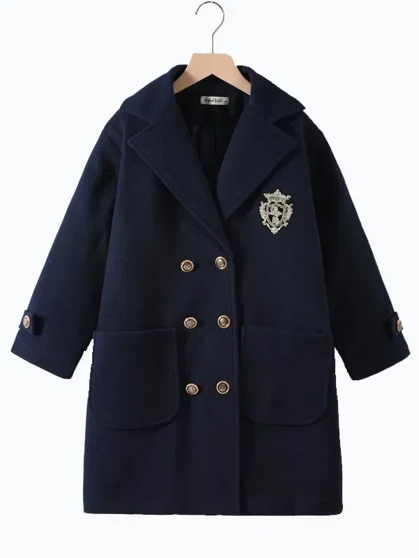 Color: Blue, Kid Size: 2T - Winter Girls Wool Coat Long Double-faced Tweed Overcoat for Kids Fashion Casual Grey 10 12 14 Years Teenage Children Outerwear