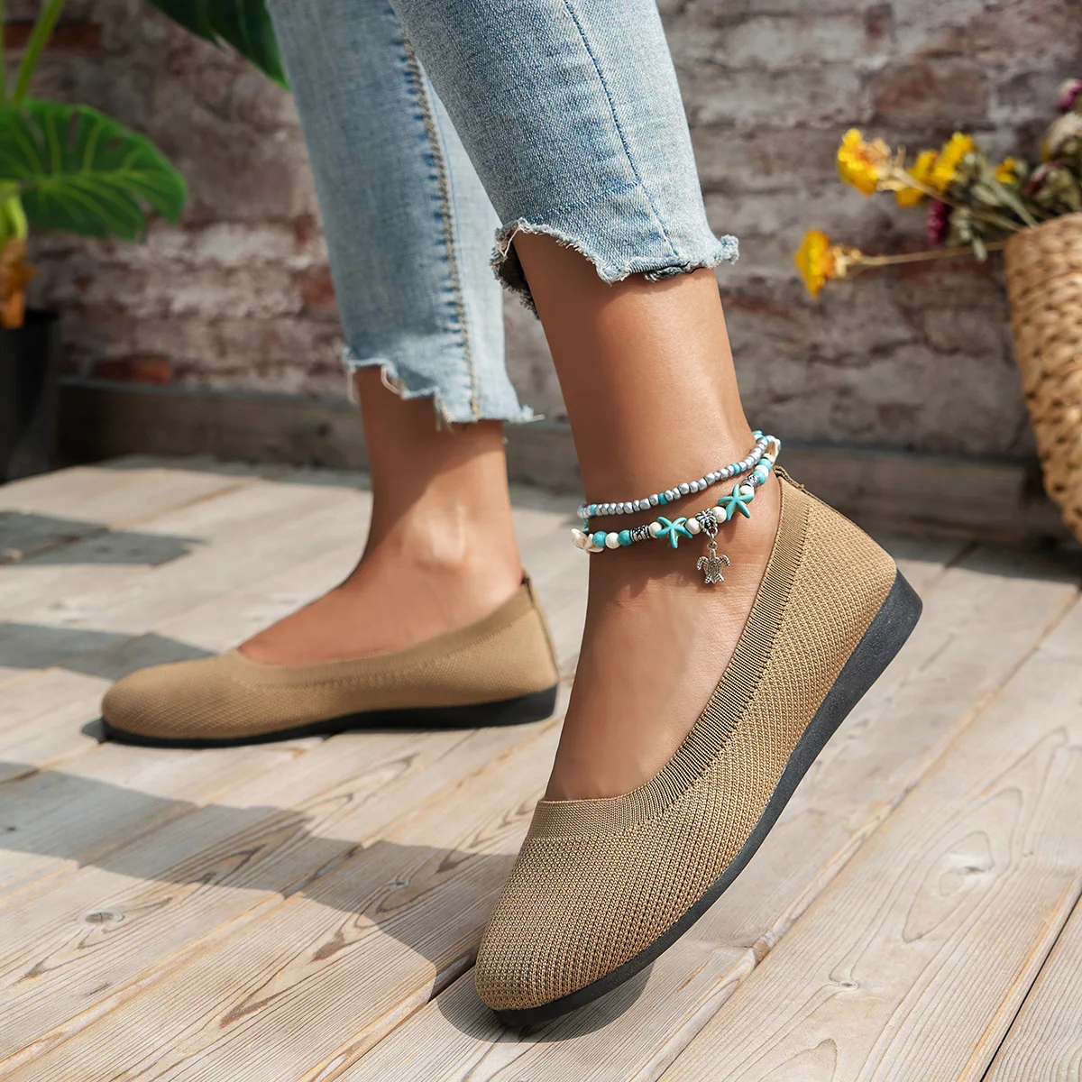 Color: Khaki, Shoe Size: 42 - Elastic Knitting Flats Slip on Shoes for Women 2024 Summer Breathable Soft Loafers Woman Lightweight Casual Shoes Mom Moccasins