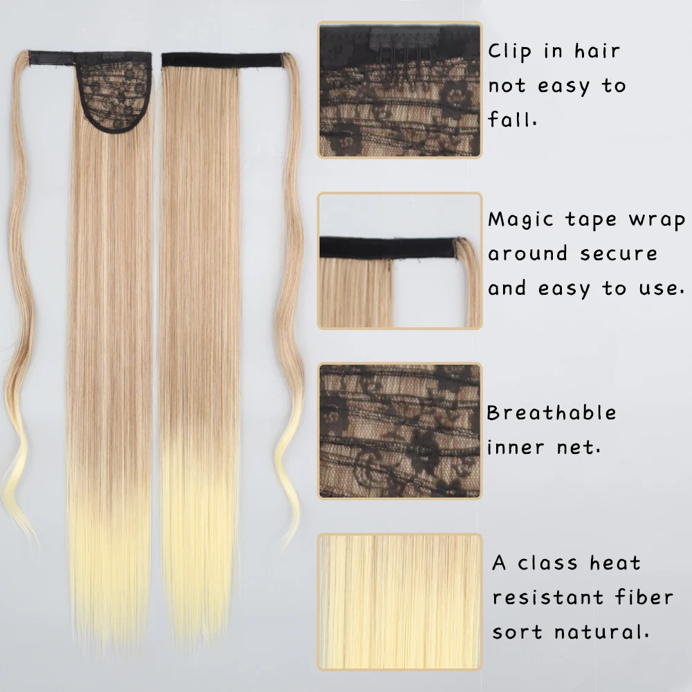 Color: T1B/4/27, Stretched Length: 22inches - AZQUEEN Straight Synthetic Hairpiece With Ponytail 85cm Super Long Wrap Around Clip In Hair Extensions Pony Tail For Daily Wear