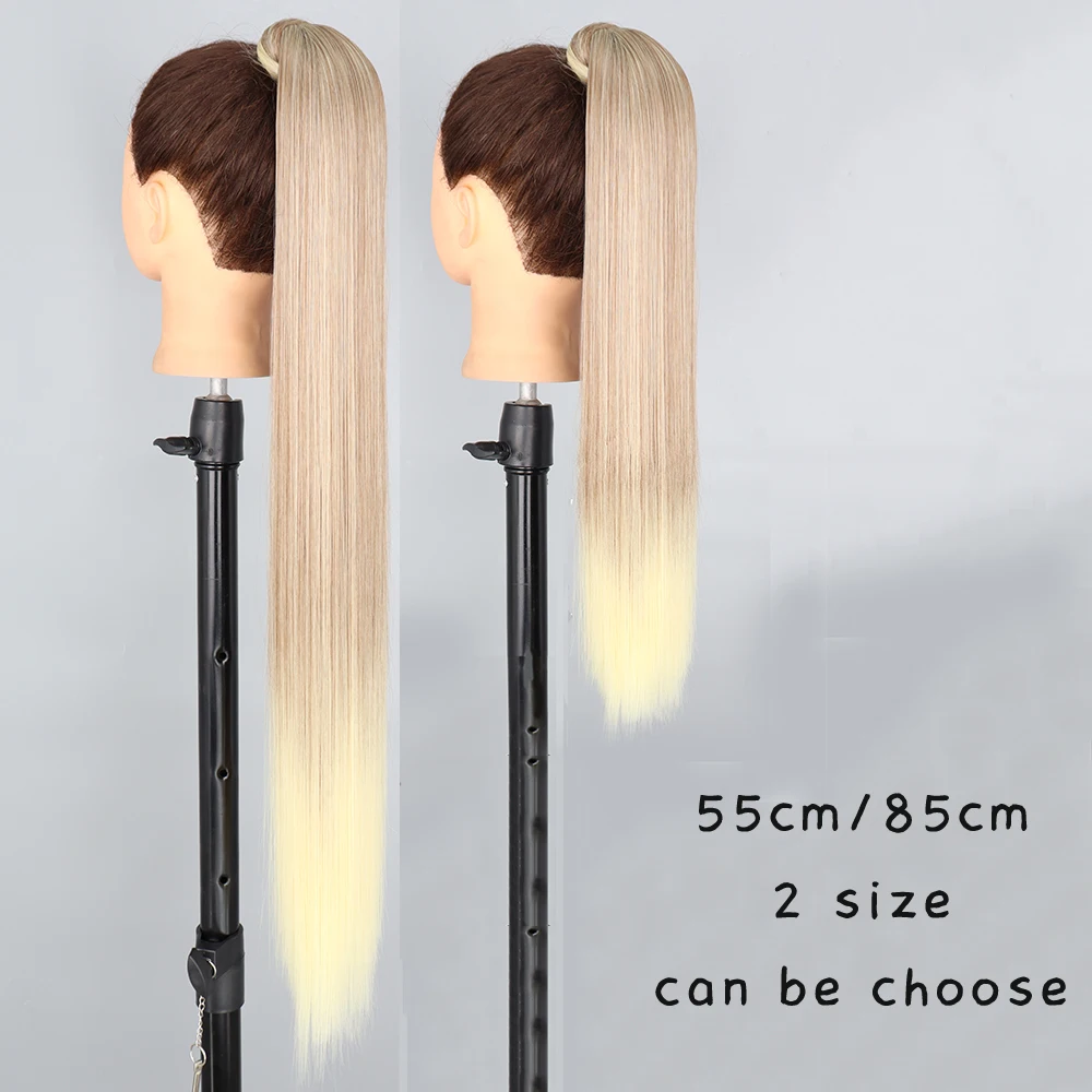 Color: T1B/4/27, Stretched Length: 22inches - AZQUEEN Straight Synthetic Hairpiece With Ponytail 85cm Super Long Wrap Around Clip In Hair Extensions Pony Tail For Daily Wear