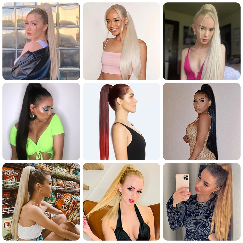 Color: T1B/4/27, Stretched Length: 22inches - AZQUEEN Straight Synthetic Hairpiece With Ponytail 85cm Super Long Wrap Around Clip In Hair Extensions Pony Tail For Daily Wear