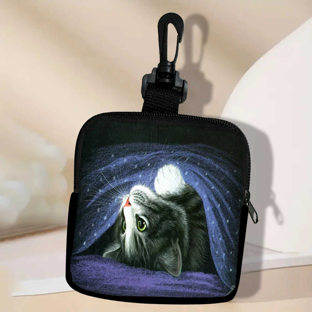 Color: GRAY - Cat Mini Coin Purse Simple Zipper Kid Storage Pouch Coin Key Bag Women Men Wallet Mini Purse 7.2