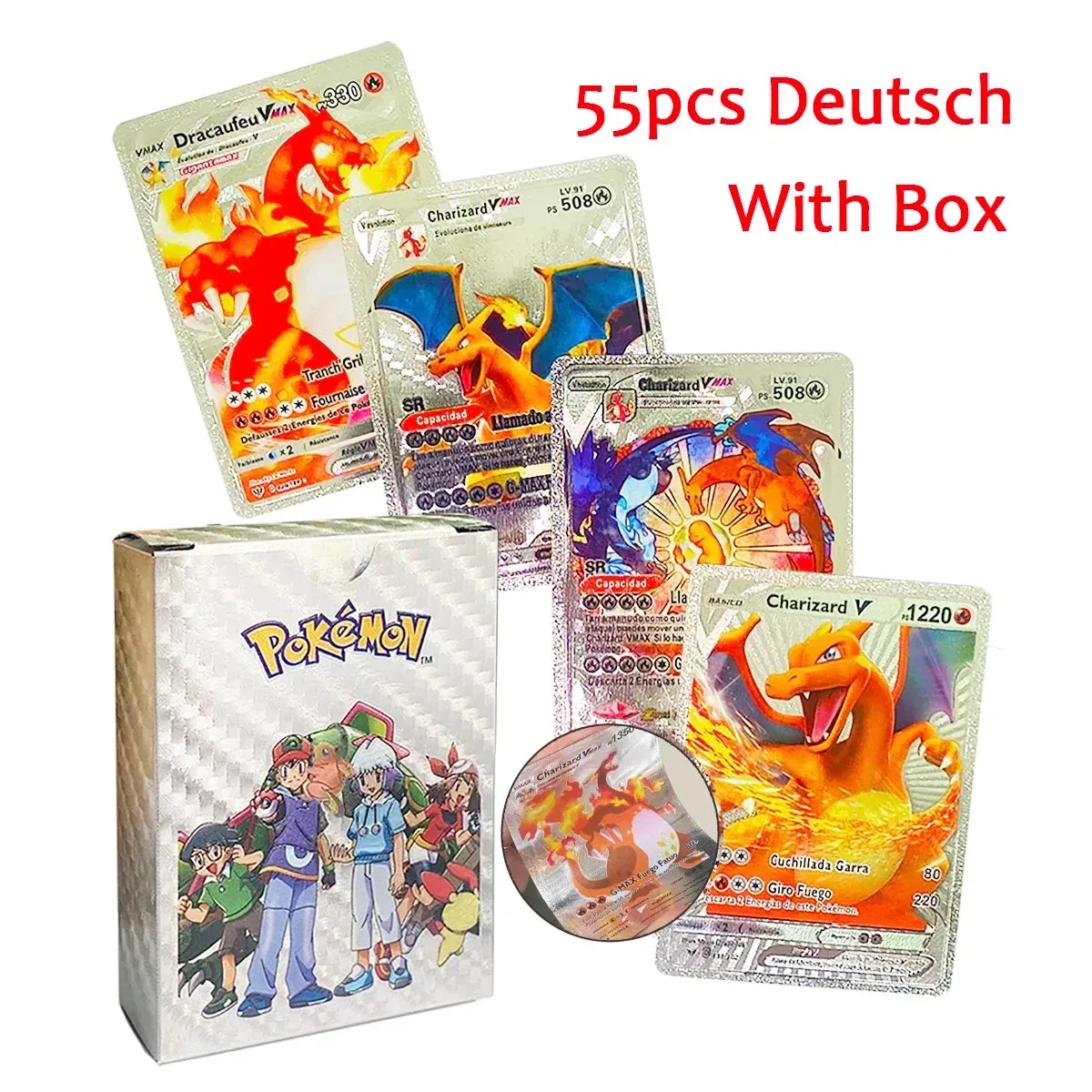 Color: VIOLET/?«?—?…° - 55PCS Pokemon Colorful Gold Foil Card Charizard Pikachu Arceus Diamond Rainbow English French German Spanish VSTAR GX VMAX Cards
