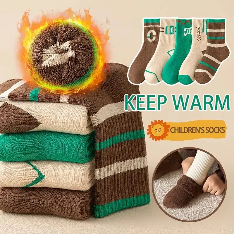 Color: SKY BLUE, Size: 7-9T - 5 Pairs/lot Children's Winter Socks Warm Baby Child Thicken Cotton Socks Boys Terry Socks Letter Pattern Thermal Socks