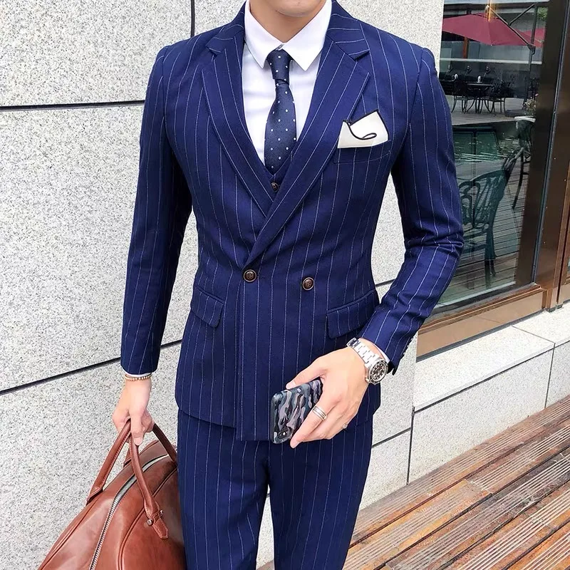 Color: Brown, Size: S - Gray Men Classic Striped/Checked Suits, Business Office 3 Piece, Asian Size Slim Fit Men Dress Jacket & Pants with Vest, S-4XL