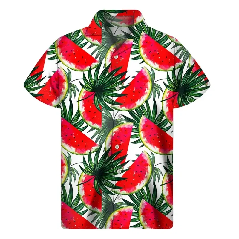 Color: Lavender, Size: M - Tropical Watermelon Graphic Hawaiian Shirt Summer Street Short Sleeves 3d Printed Fruits Button Shirts Men Clothes Lapel Blouse