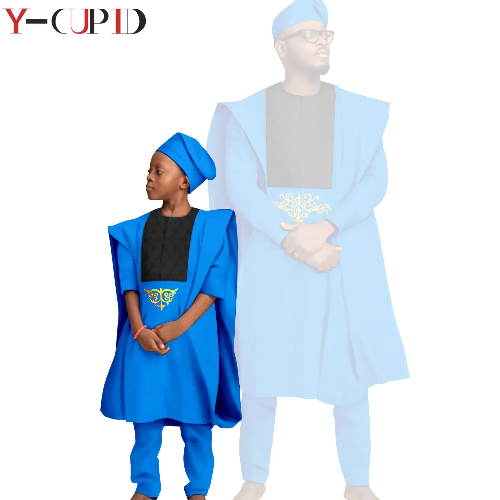 Color: Clear, Size: Mother 4XL - African Clothes for Men Top Pants Robes Hat Sets Match Kid Boy Sets Dashiki Father and Son Bazin Riche Family Outfits Y20F001