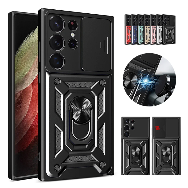 Material: ABS, Color: Red - Shockproof Armor Case For Samsung Galaxy S20 S21 S22 S23 S24 Plus Ultra FE With Car Magnetic Ring Holder Phone Cover