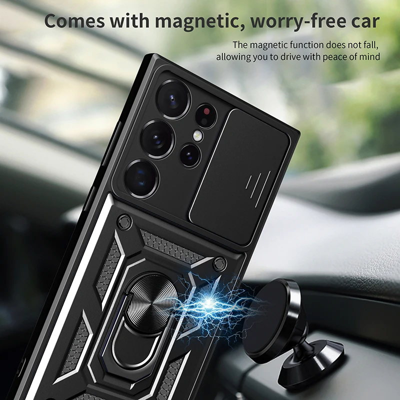 Material: ABS, Color: Red - Shockproof Armor Case For Samsung Galaxy S20 S21 S22 S23 S24 Plus Ultra FE With Car Magnetic Ring Holder Phone Cover