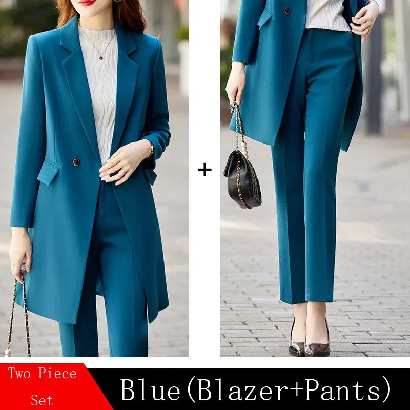 Color: Blue, Size: XXXL, Ships From: CHINA - High End Office Professional Women's Blazer Pants 2-Piece Set Fall Fashion Long Female Jacket Over Business Suit Casual Trousers