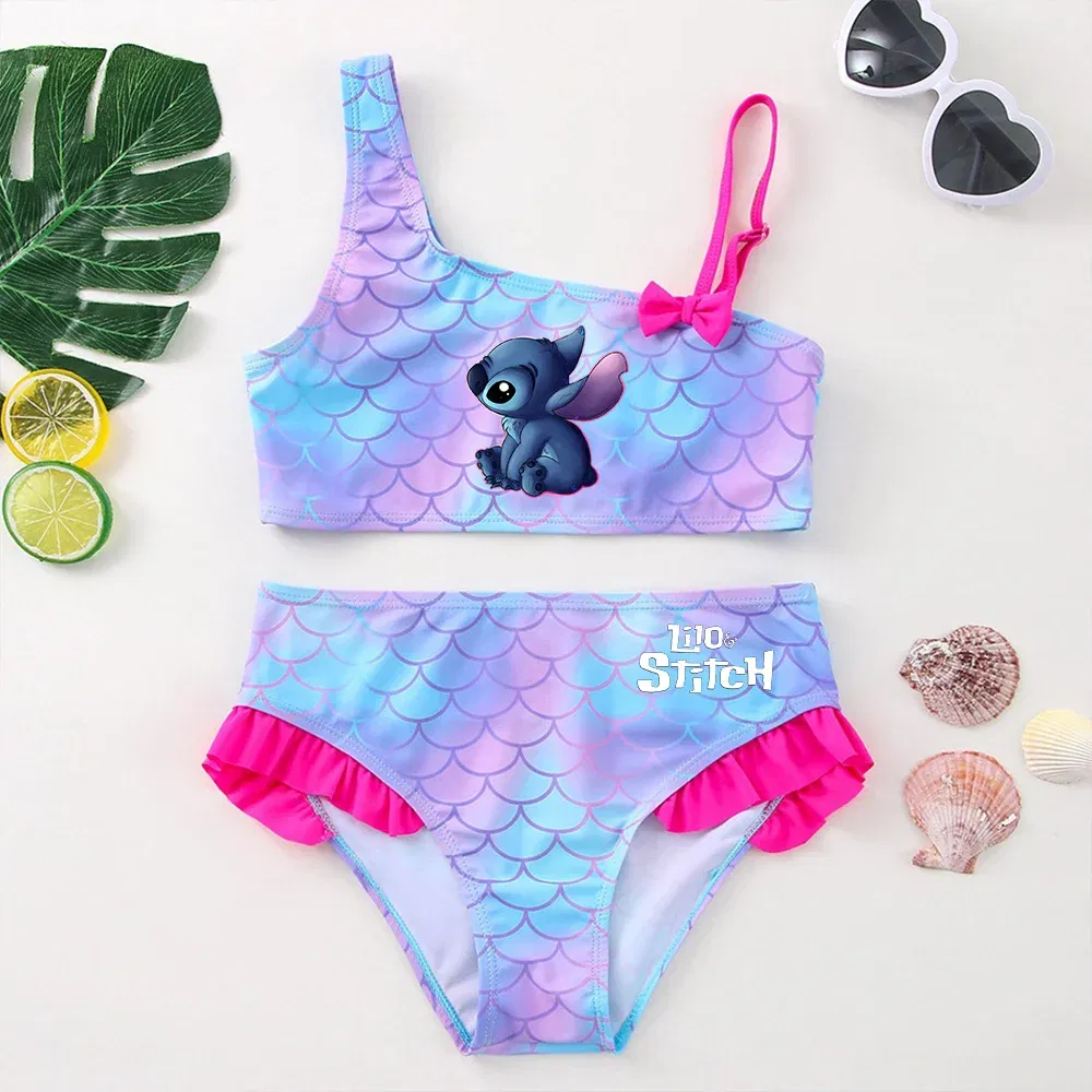 Color: DEEP BLUE, Size: L - Lilo Stitch Girls Swimsuit One-Piece Bathing Suits Children's Dresses Summer Swimwear Beach Suit Kids Wear Fashion Mermaid Fish