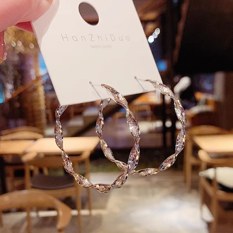 Metal Color: Light Yellow Gold Color - Exaggerated Spiral Wave Hoop Earrings for Women Simple Personality Frosted Metal Huggie Jewelry Brincos Christmas Day Girl Gift