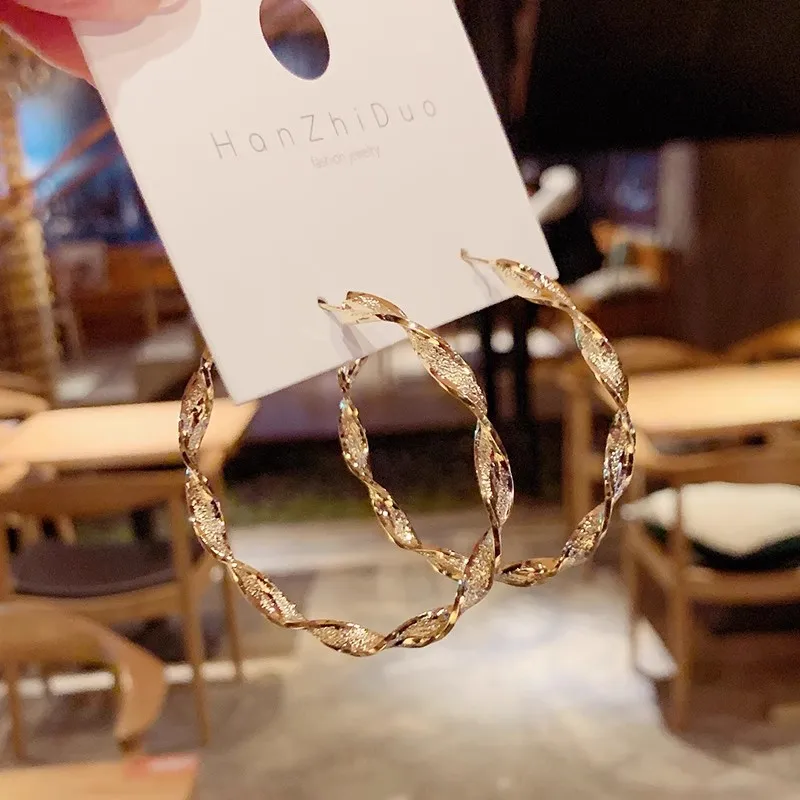 Metal Color: Light Yellow Gold Color - Exaggerated Spiral Wave Hoop Earrings for Women Simple Personality Frosted Metal Huggie Jewelry Brincos Christmas Day Girl Gift