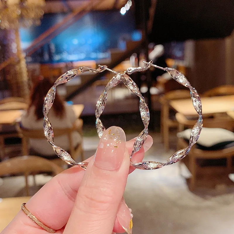 Metal Color: Light Yellow Gold Color - Exaggerated Spiral Wave Hoop Earrings for Women Simple Personality Frosted Metal Huggie Jewelry Brincos Christmas Day Girl Gift