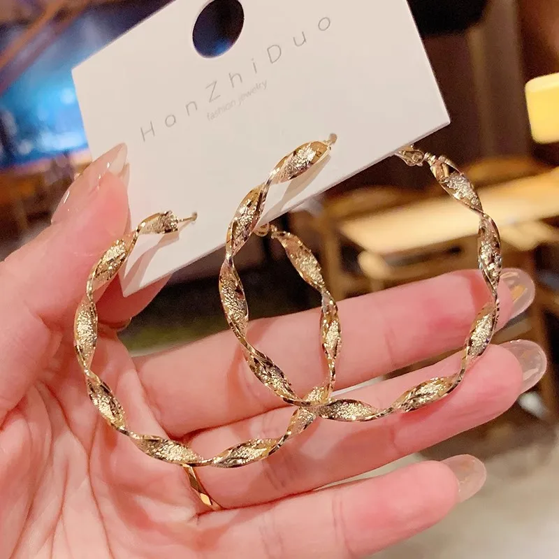 Metal Color: Light Yellow Gold Color - Exaggerated Spiral Wave Hoop Earrings for Women Simple Personality Frosted Metal Huggie Jewelry Brincos Christmas Day Girl Gift