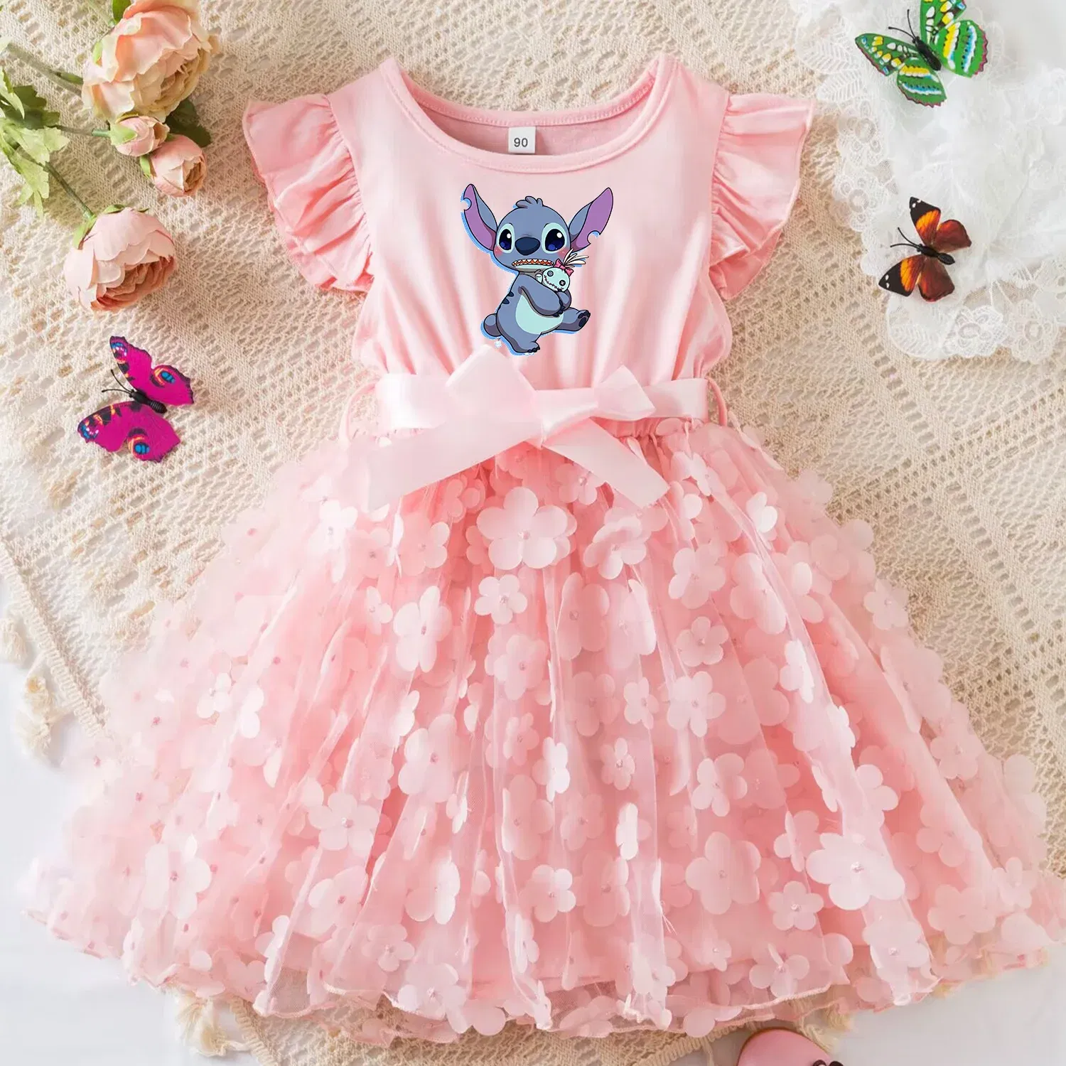 Color: Brown, Size: XS - 3D Butterfly Cute Lilo Stitch Summer Dress for Kid's Casual Clothes Baby Girls Beautiful Princess Dress Party Dresses 2-6 Yrs