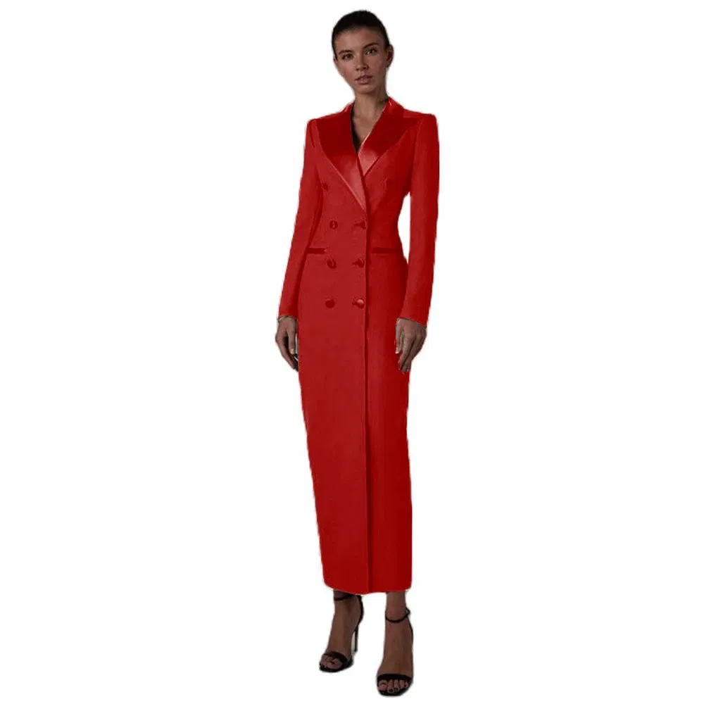 Color: Red, Size: XL - Women's Suit Long Jacket One Piece Blazer Double Breasted Formal Tuxedo Party Dress кос?‚юм ?¶?µнский