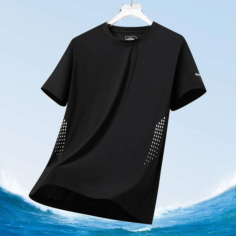 Color: Navy Blue, Size: L - Men's Silk Ice Round Collar T-shirt, Simple Running Fitness Suit, Breathable Thin T-shirt, Quick Dry T-shirt, Summer