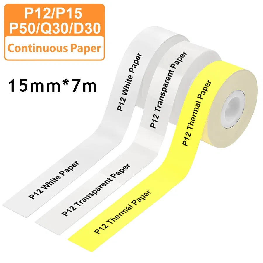 Color: Y - 3pcs 15mm x7m Continuous Label Paper fit for P12 P15 Phomemo D30 Q30 Printer Waterproof Self Adhesive Thermal Printer Sticker