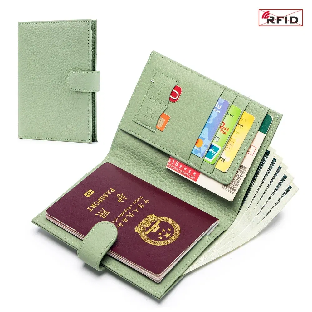 Color: wine red - Genuine Leather RFID Travel Passport Cover Case Wallet Bag Card Holder Cowhide Coin Purse Document Cover Flight Men Women
