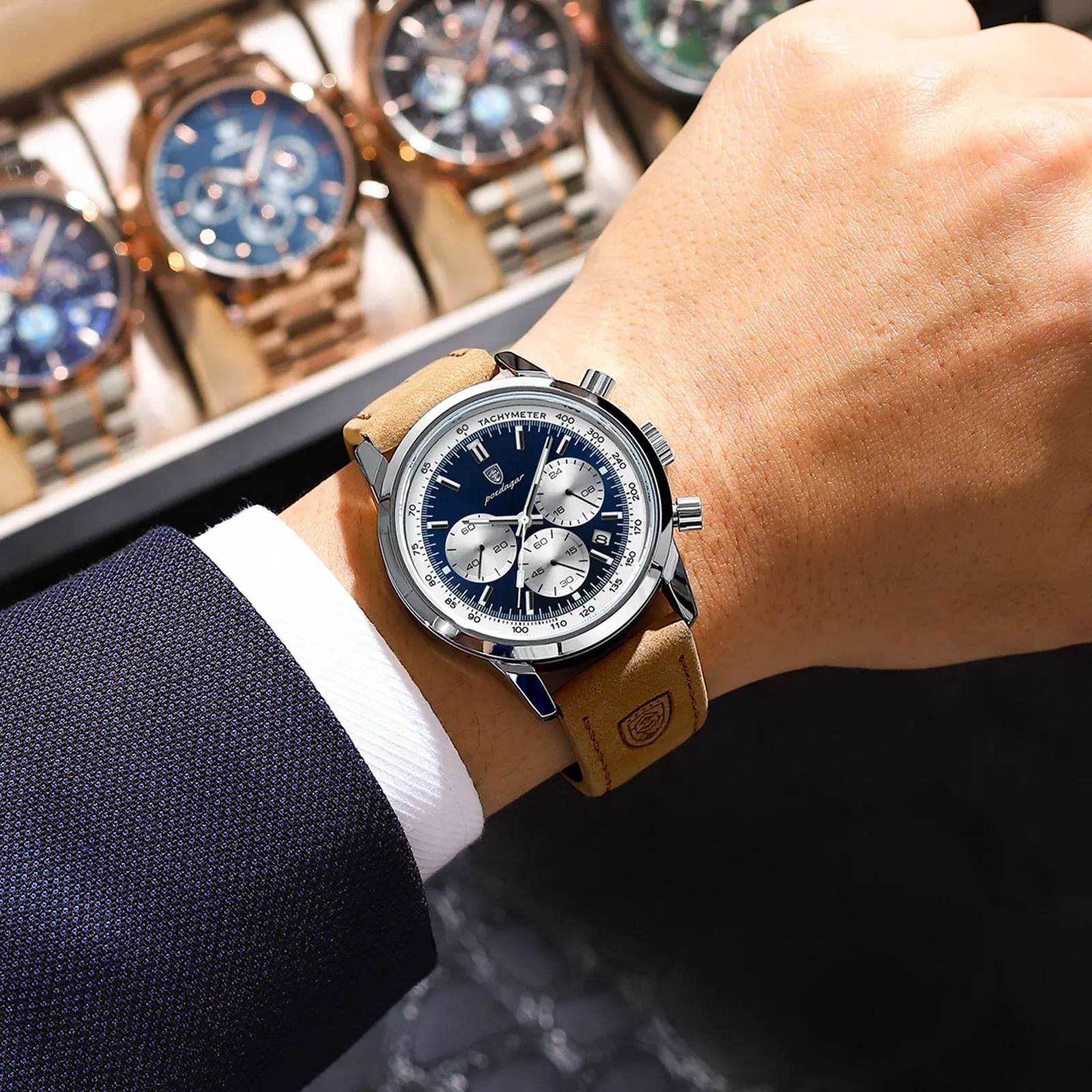Color: Coffee - POEDAGAR Top Brand Luxury Man Watch Waterproof Chronograph Luminous Date Wristwatch For Men Quartz Leather Men's Watches Sprots