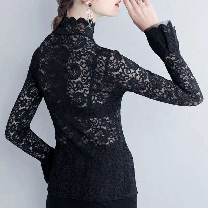 Color: black, Size: XL - Sexy Transparent Long Sleeve Top Women 2025 Fashion Autumn Winter Basic Lace Blouses White Black Hollow Blusas Mujer Oversized