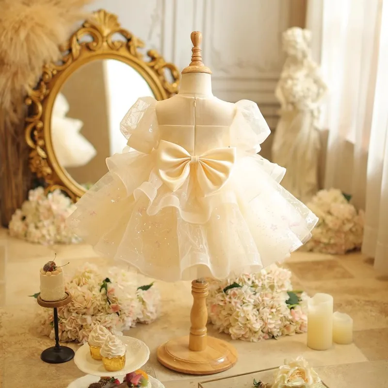 Kid Size: 2T, Color: Khaki - Baby Girls Birthday Dress Elegant Princess Gown High-End Sequin Tulle Tutu Dresses Cake Special Occasions Toddler Party Clothes