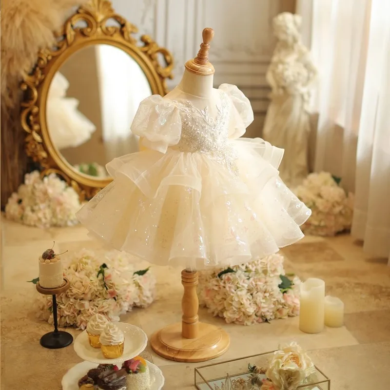 Kid Size: 2T, Color: Khaki - Baby Girls Birthday Dress Elegant Princess Gown High-End Sequin Tulle Tutu Dresses Cake Special Occasions Toddler Party Clothes