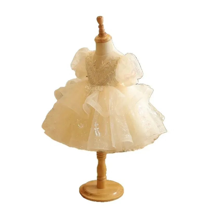 Kid Size: 2T, Color: Khaki - Baby Girls Birthday Dress Elegant Princess Gown High-End Sequin Tulle Tutu Dresses Cake Special Occasions Toddler Party Clothes