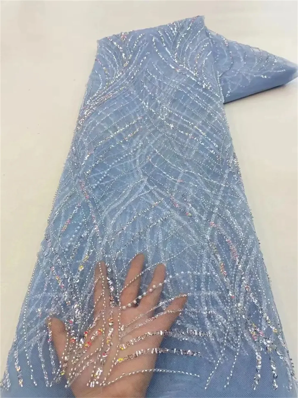 Color: WHITE, Length: 5 yards, Width: 120cm - Luxury African Sequins Beaded Lace Fabric 2025 High Quality Groom Nigerian Wedding Bridal Embroidery French Tulle Sewing