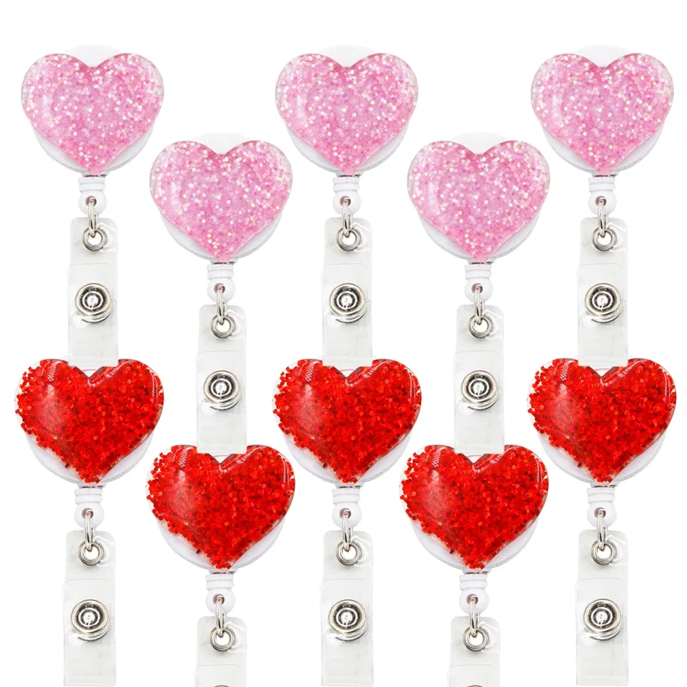 Color: Watermelon Red - idclip 10 Pcs Bling Love Heart Retractable Badge Holder Badge Clips for Nurse ID Badge Reel with Alligator Clip