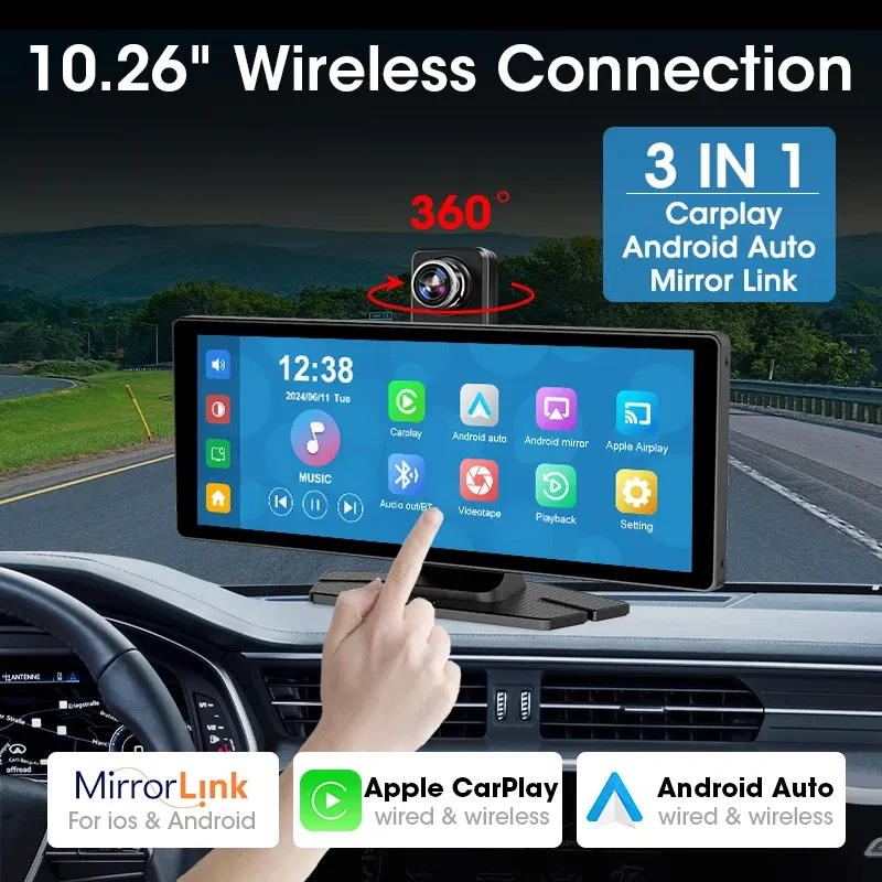 Color: Blue, Ships From: CHINA - Universal 10.26" Portable Carplay Car Screen Wireless Carplay Screen Wireless Car Stereo Carplay Android Auto Car Touchscreen