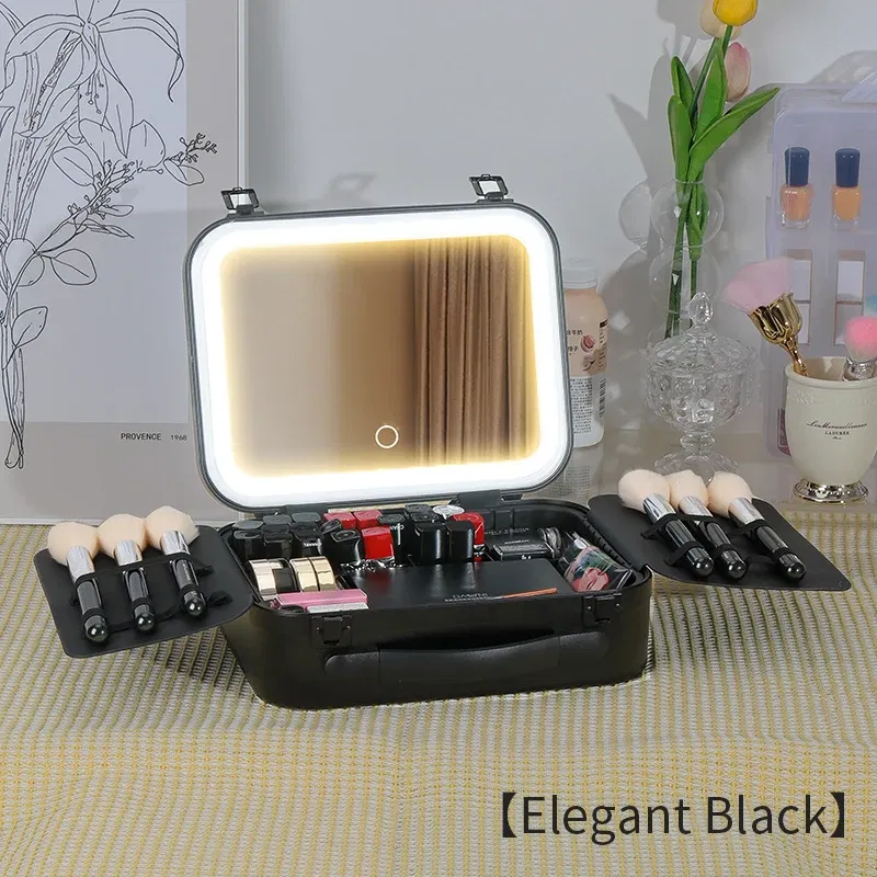 Color: black - Women Skin Care Travel Storage Box Fashion Portable Makeup Bags Large Capacity Cosmetic Case with LED Mirror