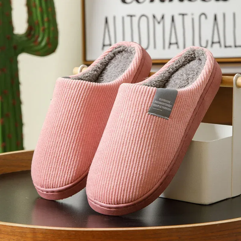 Color: Beige, Shoe Size: 33 - New Winter Household Warm Furry Women Men Shoes Indoor Slippers Bedroom Cotton Slippers Plush Home Slippers Ladies Flip Flops