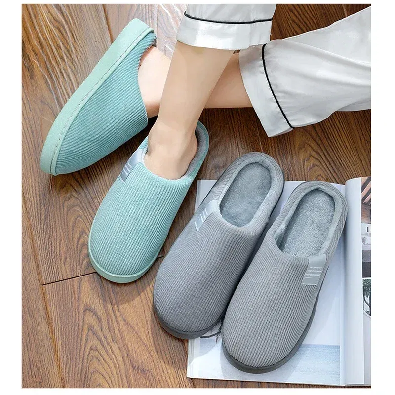 Color: Beige, Shoe Size: 33 - New Winter Household Warm Furry Women Men Shoes Indoor Slippers Bedroom Cotton Slippers Plush Home Slippers Ladies Flip Flops