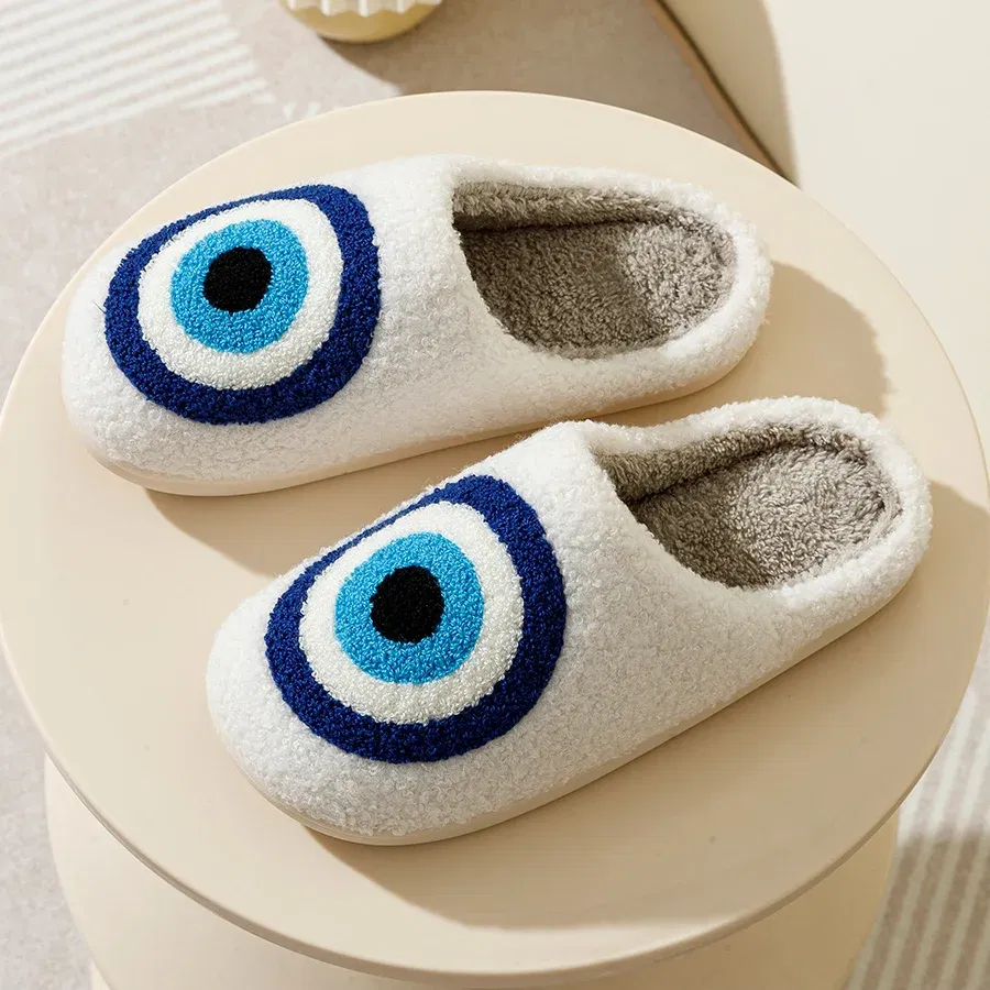Color: WHITE, Shoe Size: 4.5 - Evil Eyes Blue Embroidery slippers High Quality Women Men Slippers Fashion Pattern Shoes Warm Home Devil's Eyes Houseshoes